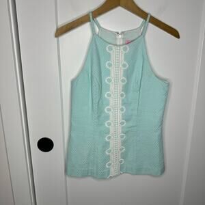 Lilly Pulitzer Annabelle Teal Blue Embroidered Stripe Halter Tank Top Size 2